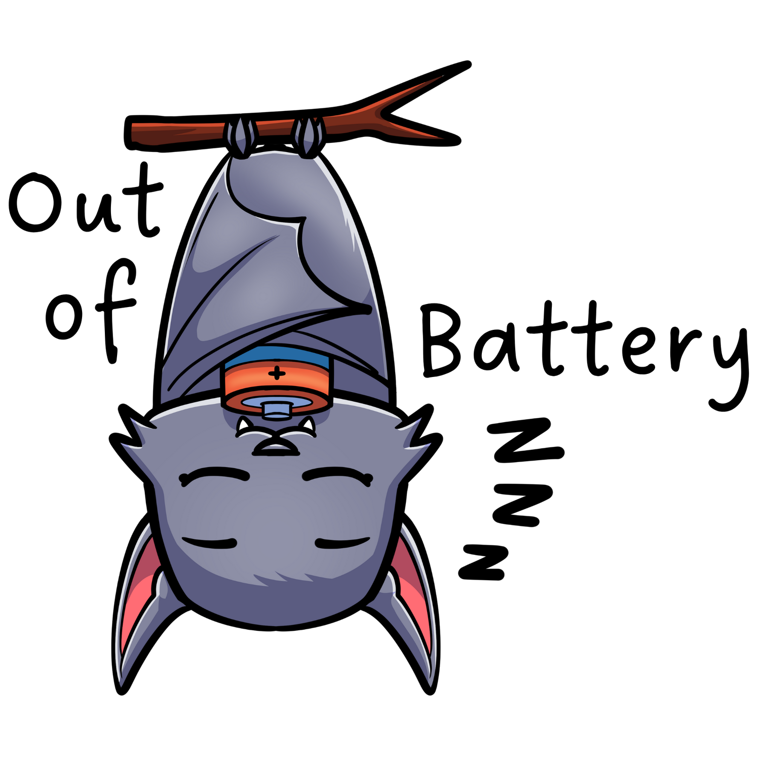 Out of Battery une petite chauve-souris adorable et fatiguée qui dort avec son doudou batterie accrochée à une branche.